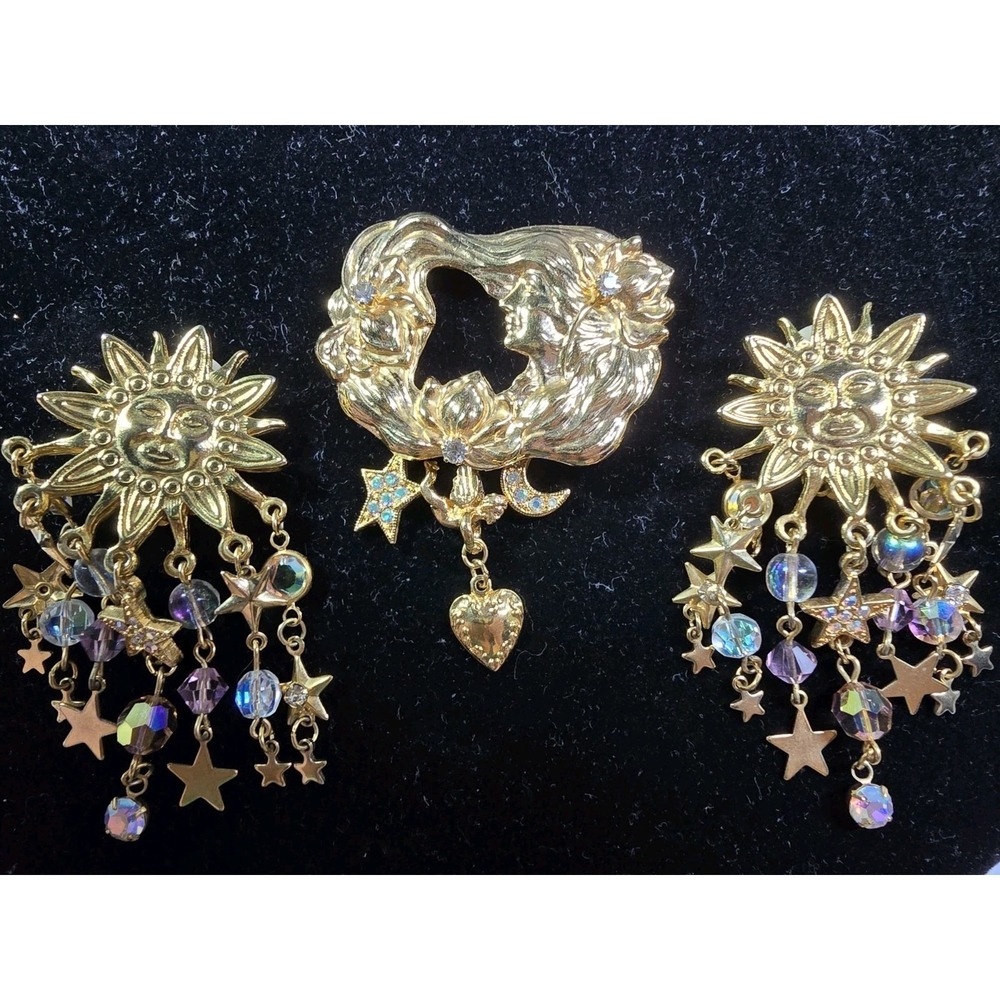 Vintage Kirks Folly Earings And Matching Brooch, Sun and Stars, Mother Earth